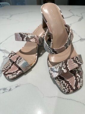 Kelly & Katie Pink Snake-Print Double Strap Block Heels